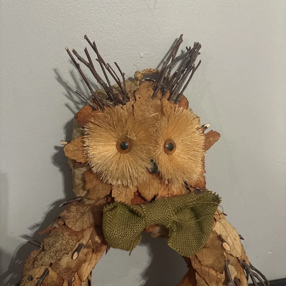 Woodland Creek Wooden Owl Shaped Wreath Decor Door Hanger Leaves